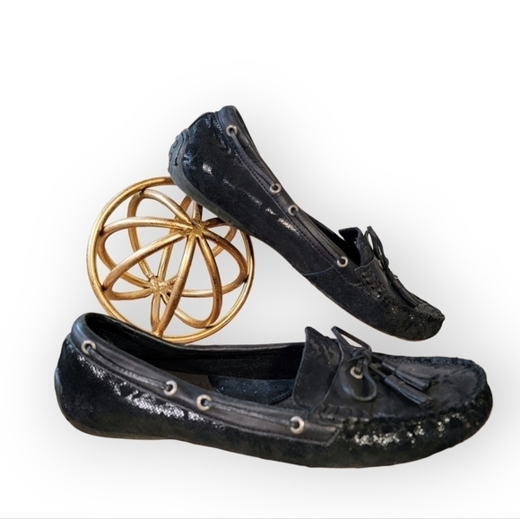 b.o.c. Black leather slip on loafers Size 11 driving shoes with tassels shimmery - Picture 17 of 17